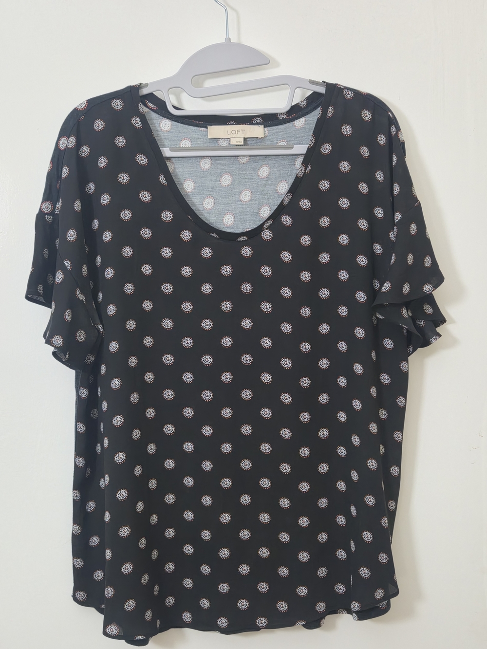 LOFT Black Short Sleeve Scoop Neck Top with Printed Dot Motif
